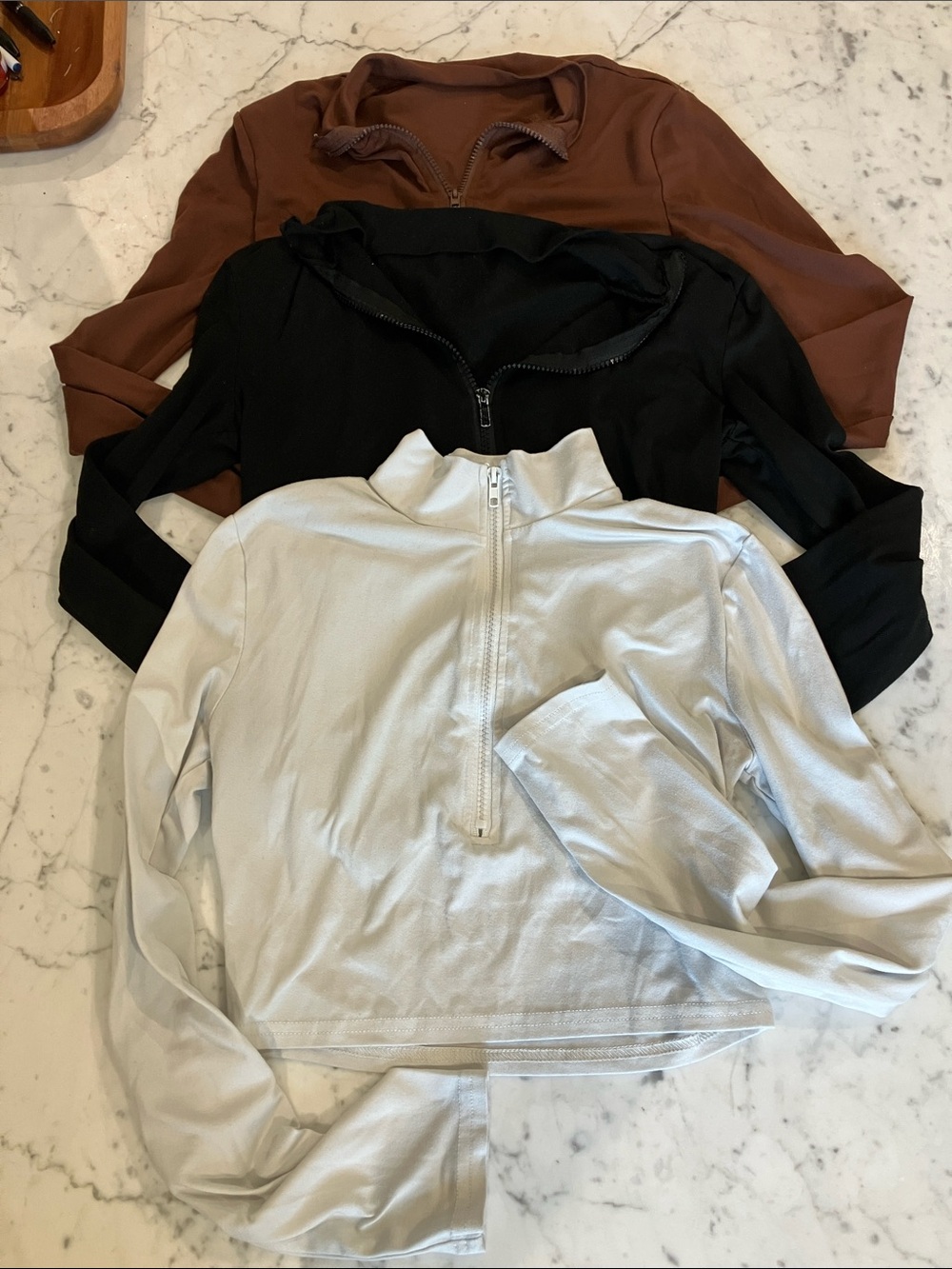 SHEIN Long Sleeve Half-Zip Tops — White, Black, Brown